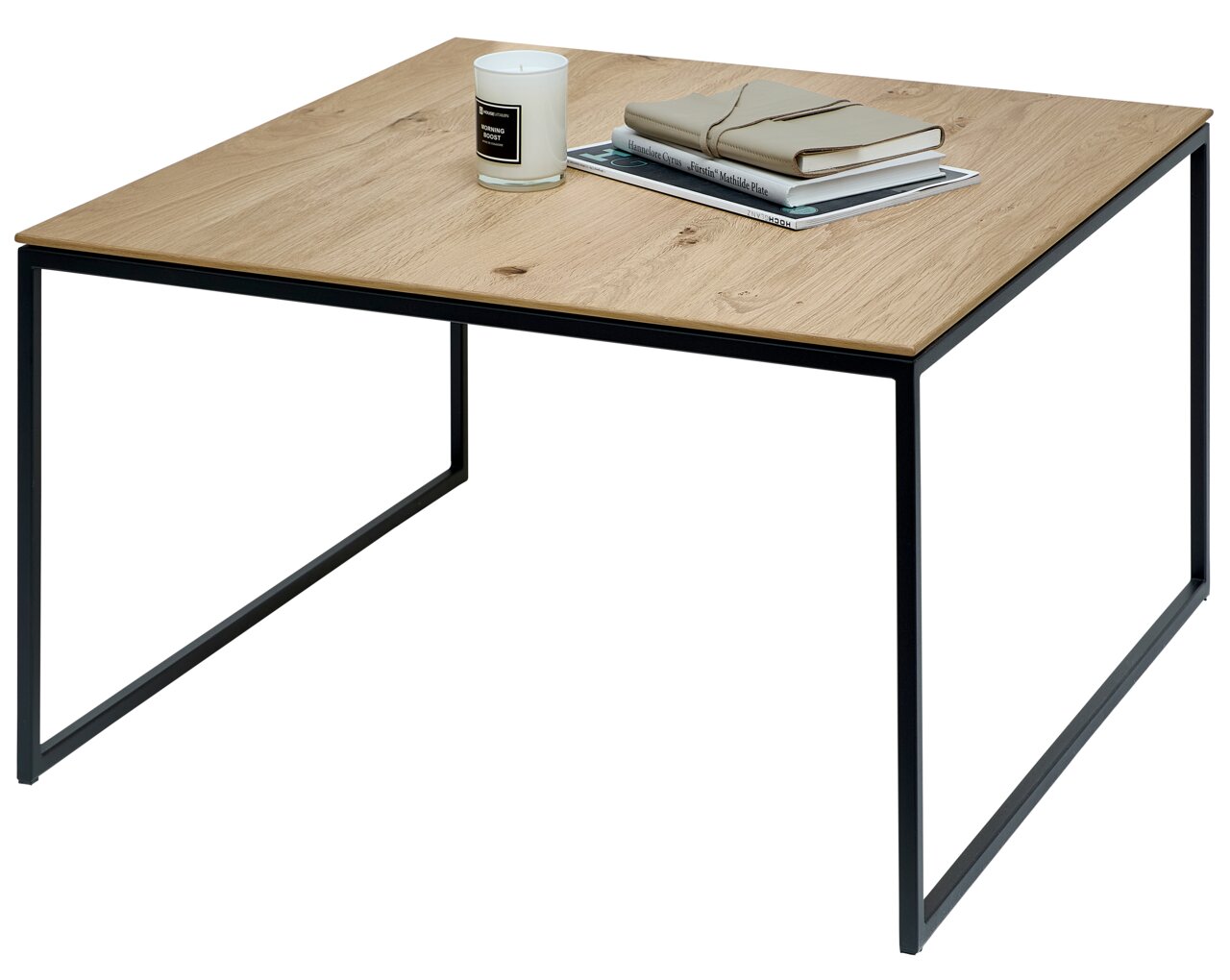 Moderner Beistelltisch mit Holzplatte und schwarzem Metallgestell, seitliche Perspektive