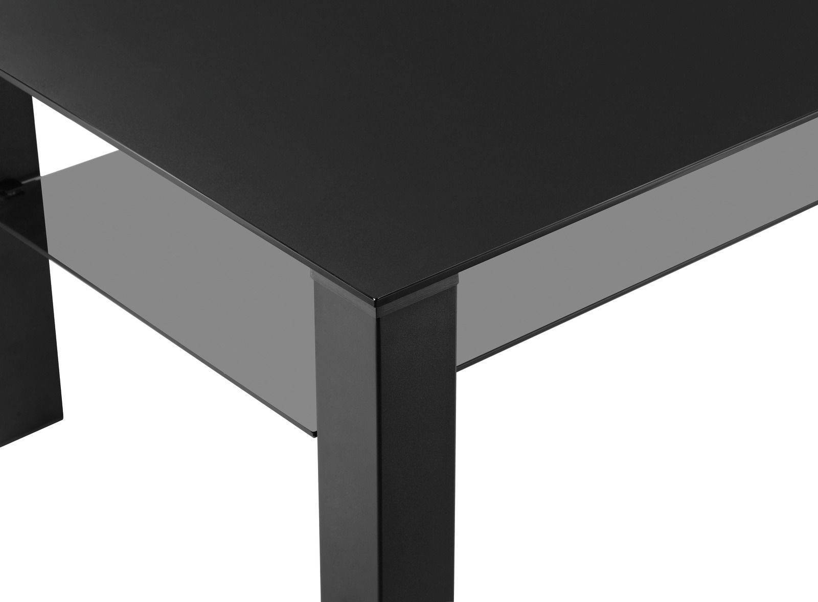 Schwarzer Couchtisch XORA ROMINA aus der Perspektive von oben, zeigt die Tischplatte und ein Bein.