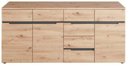 Frontansicht eines XL-Sideboards aus hellem Holz mit mehreren Schubladen und Türen.