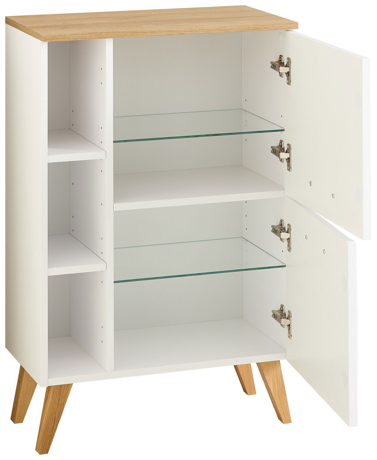 Moderner Unterschrank mit weißem Korpus, Holztop und offenen Türen, aus der Perspektive von vorne links.