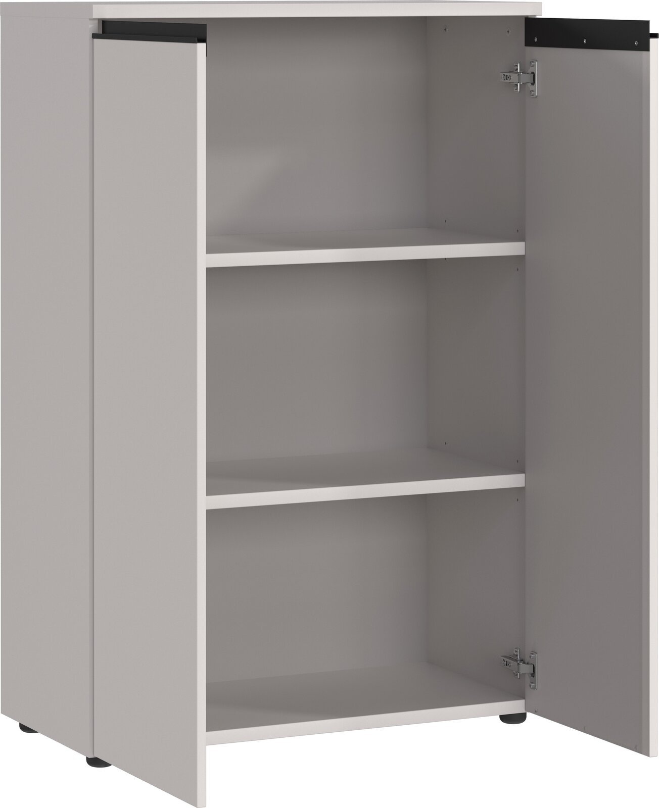 Aktenschrank mit zwei offenen Türen und drei Regalböden, seitliche Perspektive