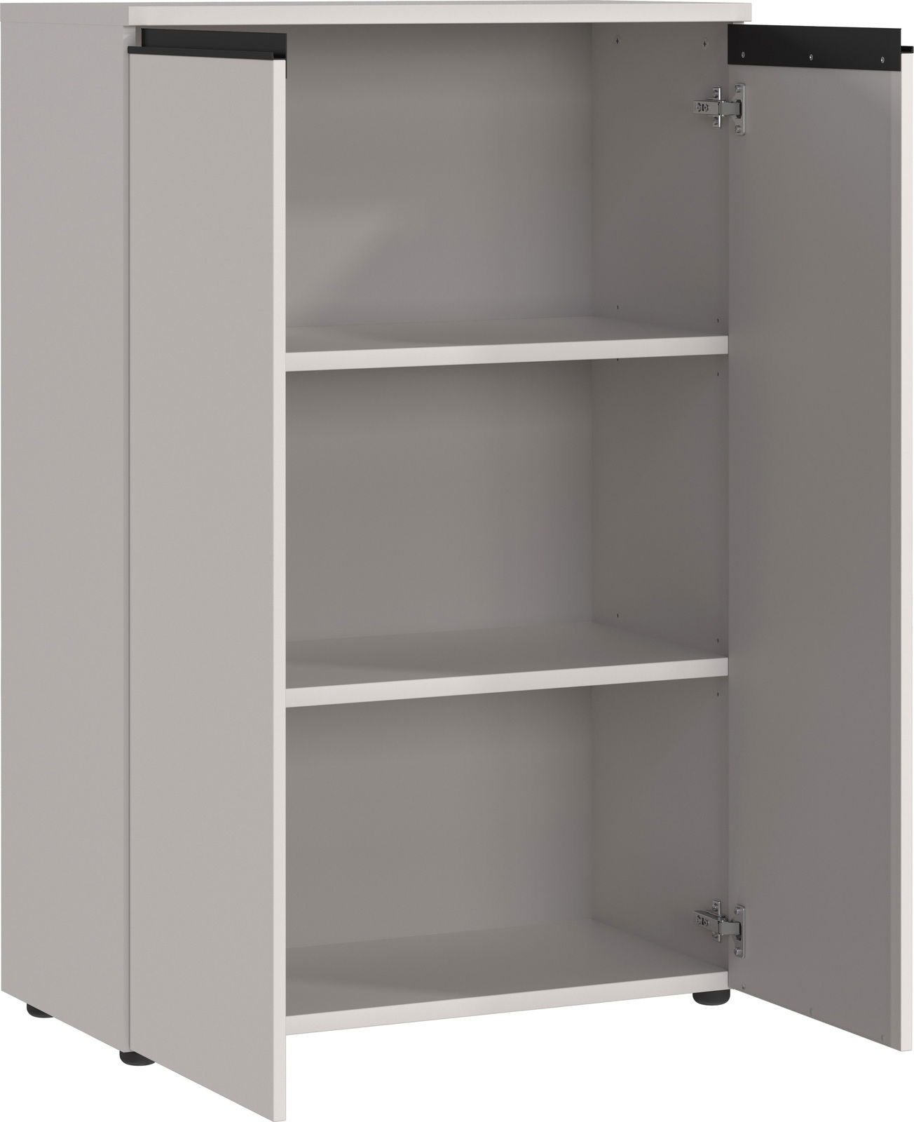 Aktenschrank mit zwei offenen Türen und drei Regalböden, seitliche Perspektive