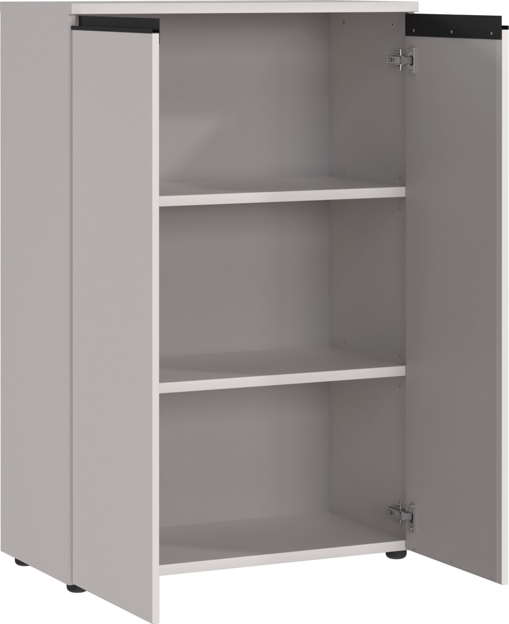 Aktenschrank mit zwei offenen Türen und drei Regalböden, seitliche Perspektive