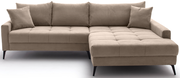 Beige Ecksofa mit Rillenstruktur, zwei Kissen und schwarzen Beinen, Perspektive von vorne.