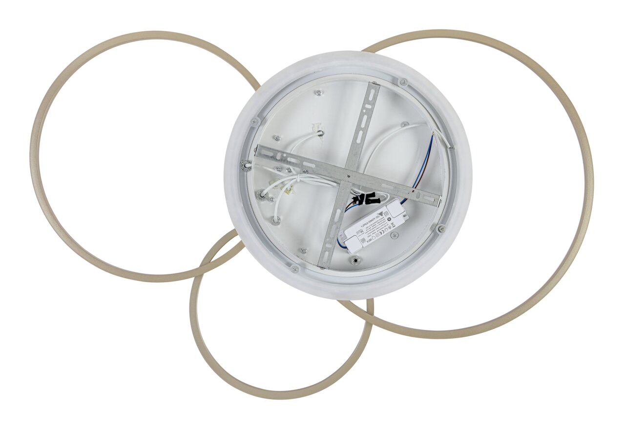 Moderne led-plafondlamp met drie cirkelvormige elementen, gezien van onderaf.