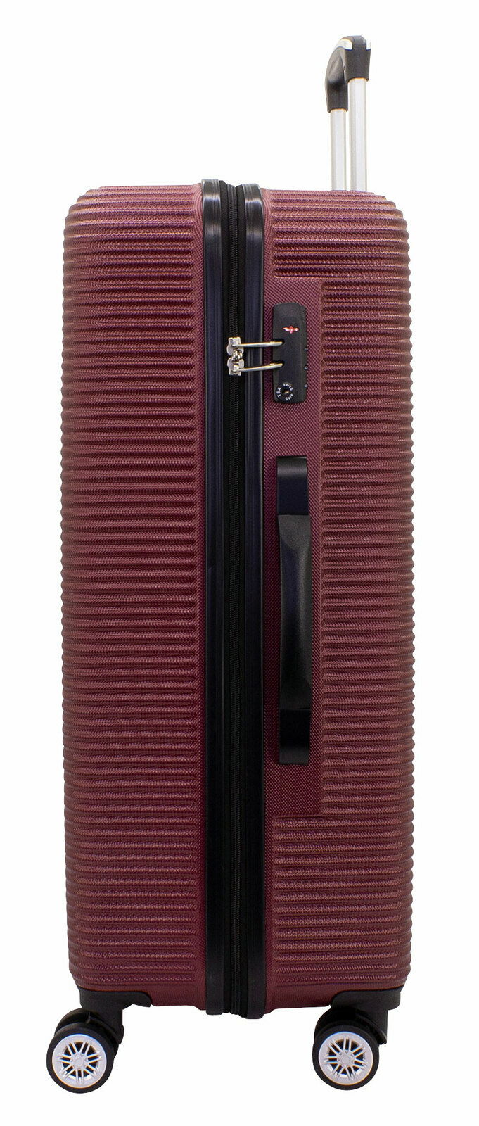 Burgunderfarbener Trolley, 70 cm, Seitenansicht mit Teleskopgriff und vier Rollen