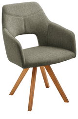 Moderner Sessel mit grauem Stoffbezug und Holzbeinen, seitliche Perspektive