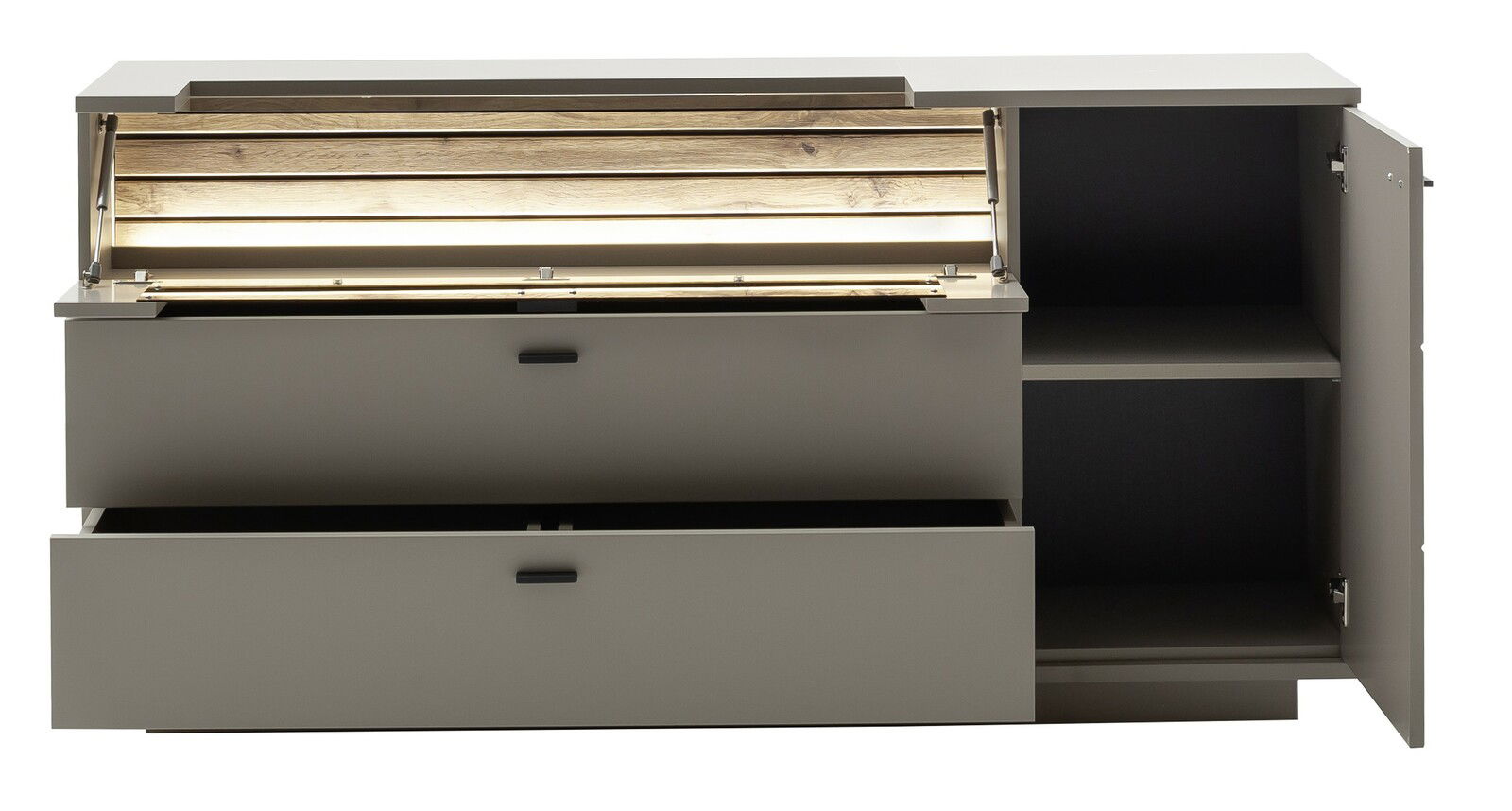 Frontale Ansicht des Zurbrüggen Sideboards LÜTTICH mit geöffneten Schubladen und Türen, beleuchtetes Holzdekor im oberen Fach.