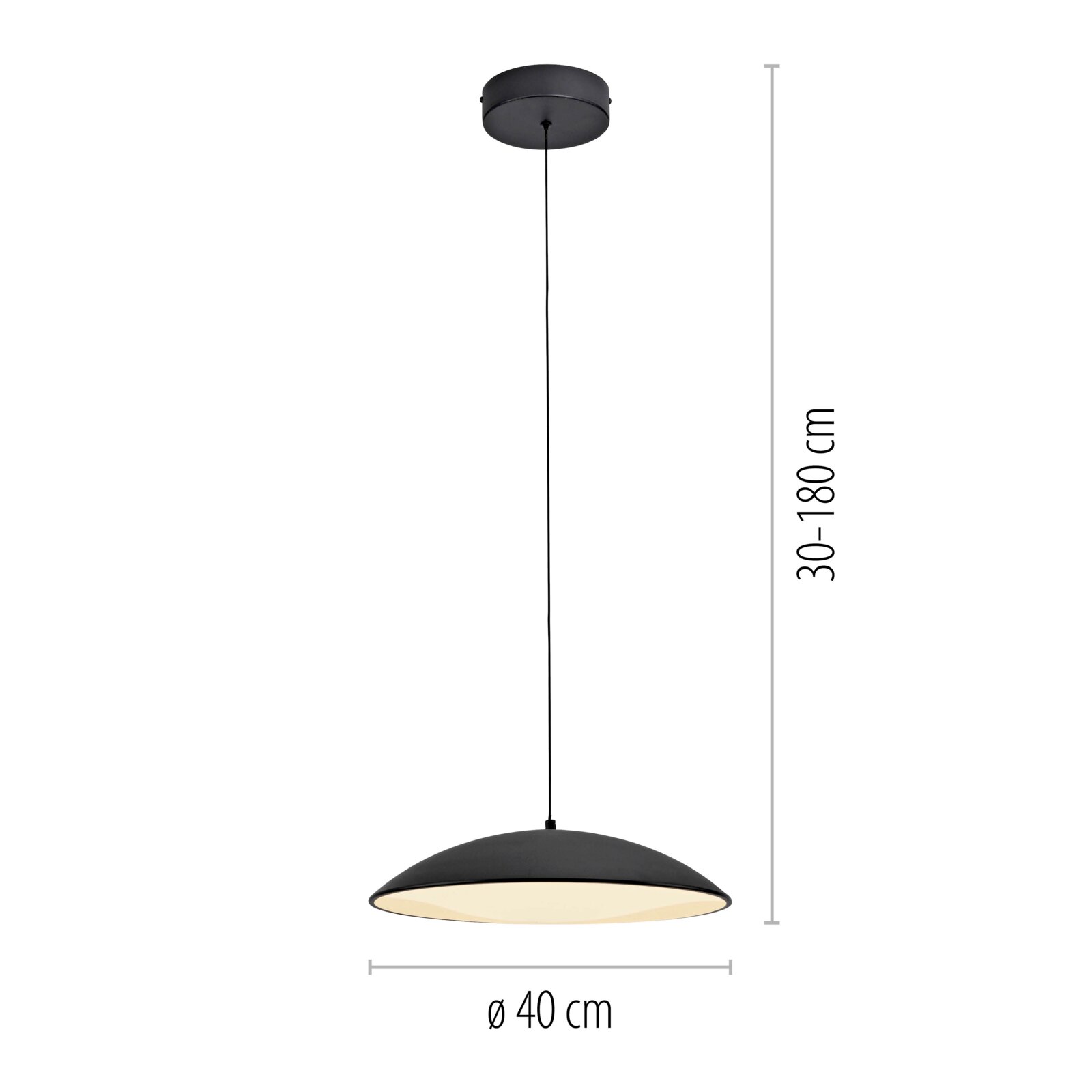 Schwarze Pendelleuchte mit halbrundem Metallschirm und weißer Innenseite, Durchmesser 40 cm, höhenverstellbares Kabel 30–180 cm, Frontansicht vor weißem Hintergrund