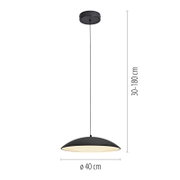 Schwarze Pendelleuchte mit halbrundem Metallschirm und weißer Innenseite, Durchmesser 40 cm, höhenverstellbares Kabel 30–180 cm, Frontansicht vor weißem Hintergrund