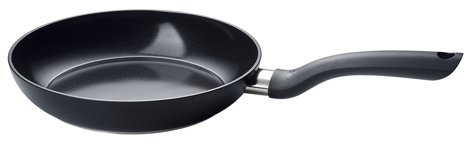 Schwarze Pfanne mit 24 cm Durchmesser, seitliche Perspektive, mit ergonomischem Griff.