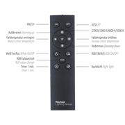 Fernbedienung für Deckenleuchte ALINA mit Tasten zur Steuerung von Helligkeit, Farbtemperatur und RGB-Farbwechsel, frontal abgebildet.