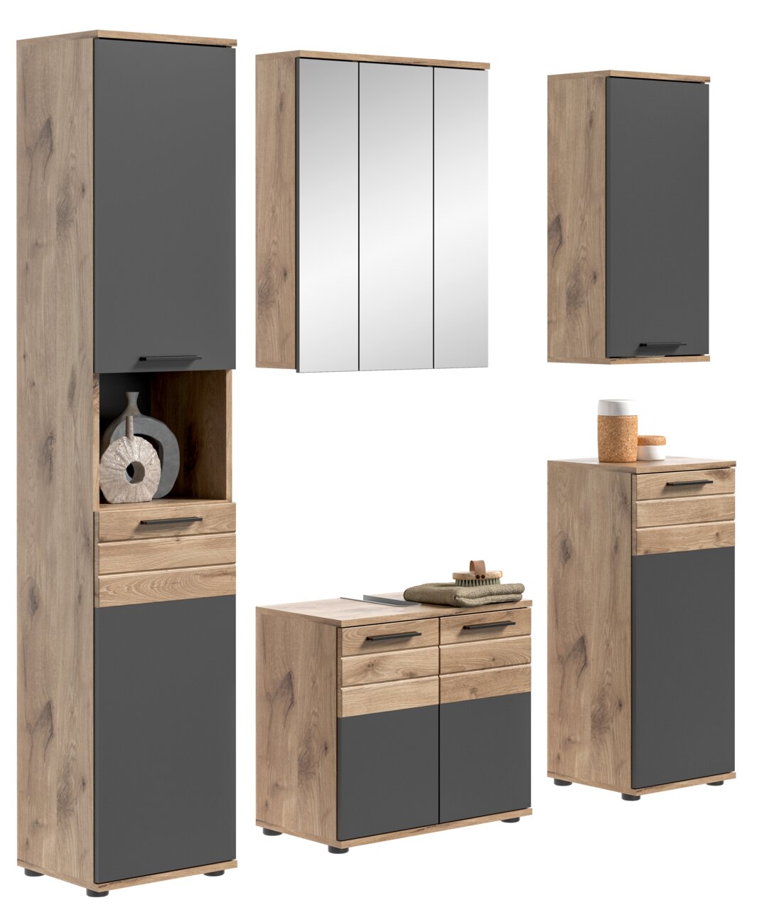 MID.YOU Badkombination MASON Badezimmermöbel-Set in Holzoptik mit grauen Fronten, bestehend aus einem hohen Schrank, einem Spiegelschrank, einem Unterschrank und einem weiteren hohen Schrank. Perspektive: Frontalansicht.
