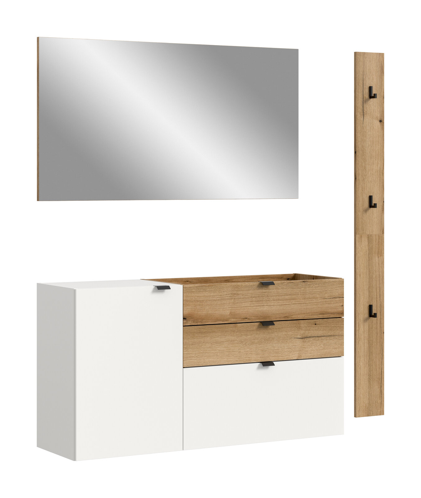 Modernes Badmöbel-Set in Weiß und Holzoptik mit Unterschrank, Schubladen, Spiegel und seitlichem Paneel mit Haken, dargestellt in Frontansicht mit leicht seitlicher Perspektive.