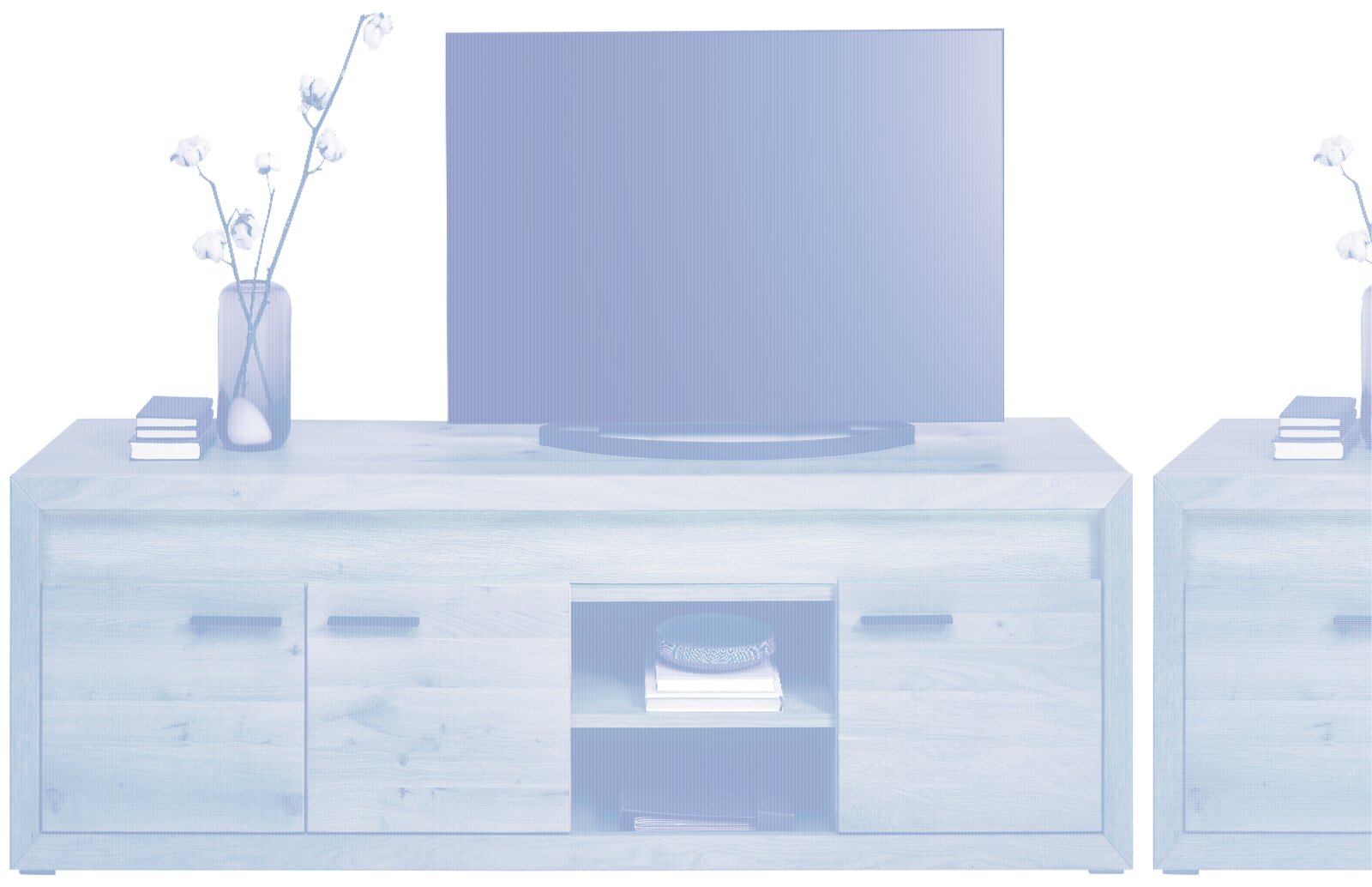 Frontale Ansicht eines TV-Lowboards aus Holz mit zwei Schubladen, einem offenen Fach mit Büchern und Dekoration, sowie einem Fernseher darauf.