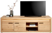 Frontale Ansicht eines TV-Lowboards aus Holz mit zwei Schubladen, einem offenen Fach mit Büchern und Dekoration, sowie einem Fernseher darauf.