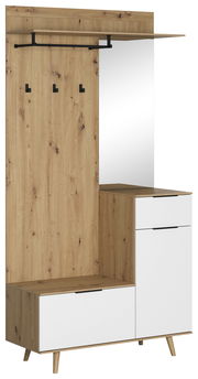 Kompaktgarderobe aus Holz mit Spiegel, Haken und Stauraum, seitliche Perspektive