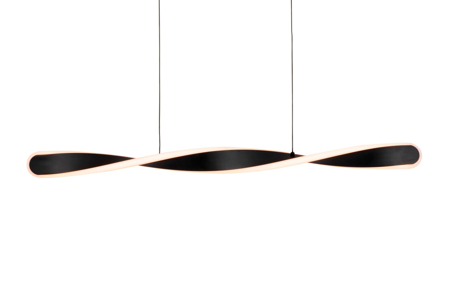 Moderne LED-hanglamp met een gebogen vorm, zijaanzicht