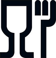 Symbol für Lebensmittelkontakt, schwarze Gabel und Glas auf weißem Hintergrund, Frontalansicht