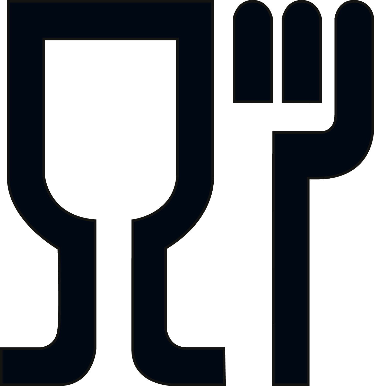 Symbol für Lebensmittelkontakt, schwarze Gabel und Glas auf weißem Hintergrund, Frontalansicht