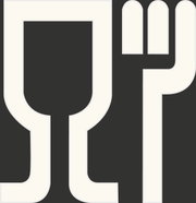 Symbol für Lebensmittelkontakt, schwarze Gabel und Glas auf weißem Hintergrund, Frontalansicht