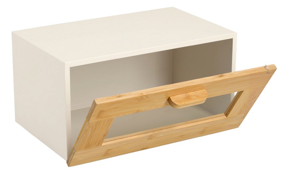 Brotkasten mit Klappe aus Holz und Glas, perspektivische Ansicht von vorne rechts