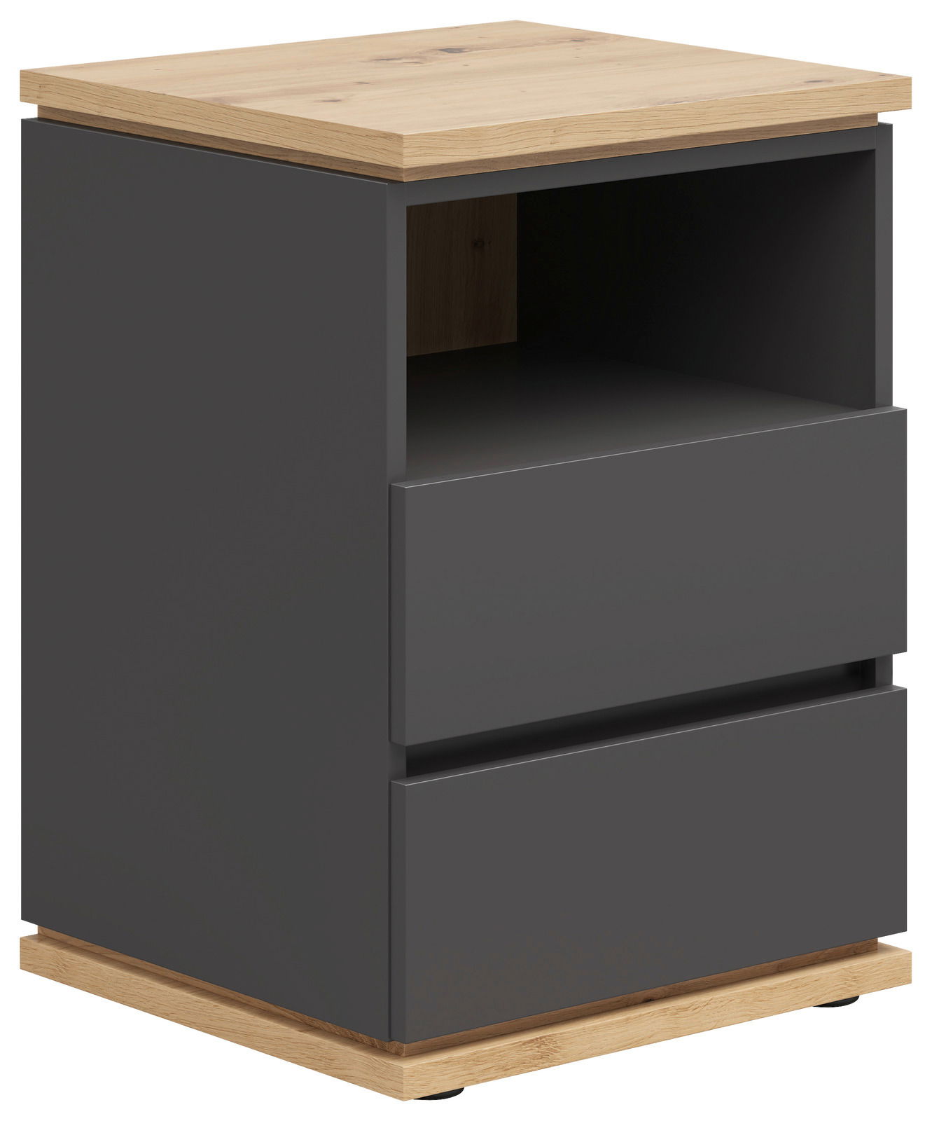 XORA Nachtkommode YAMAEL Moderne Nachtkommode mit grauer Front und Holzoberfläche, seitliche Perspektive