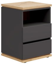 Moderne Nachtkommode mit grauer Front und Holzoberfläche, seitliche Perspektive