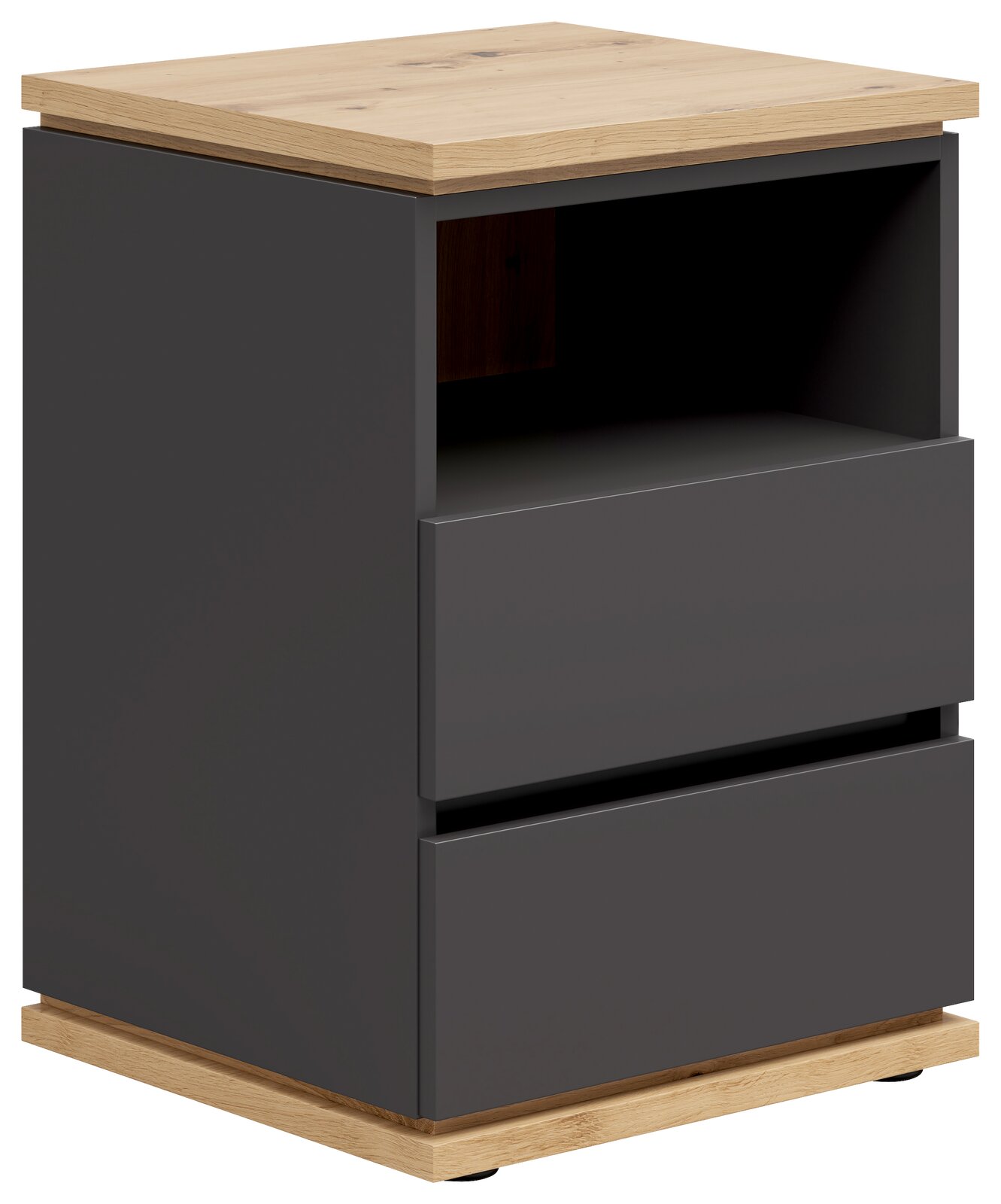 XORA Nachtkommode YAMAEL Moderne Nachtkommode mit grauer Front und Holzoberfläche, seitliche Perspektive
