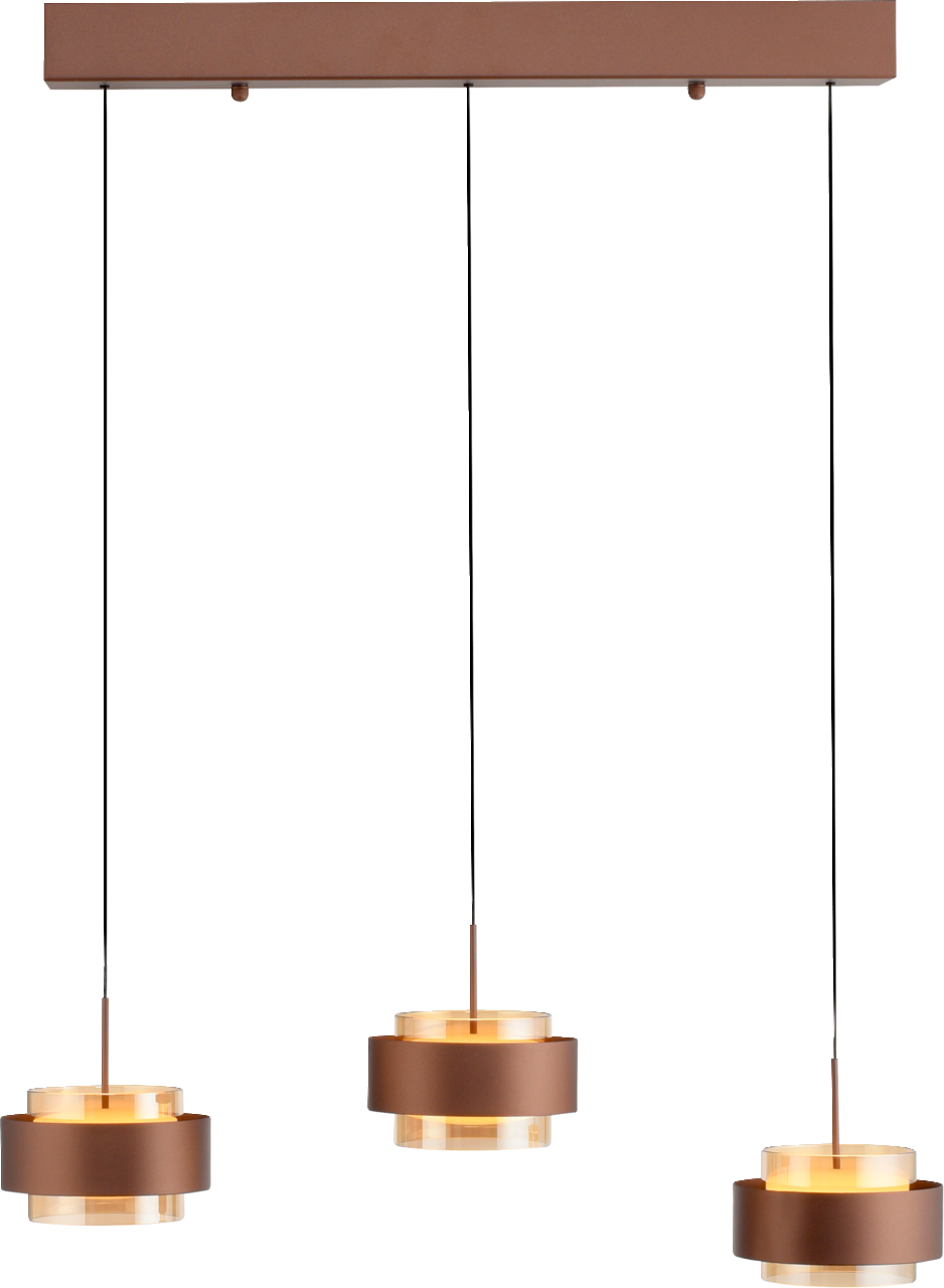 Dreifache LED-Hängeleuchte in Braun mit zylindrischen Lampenschirmen, von vorne betrachtet.