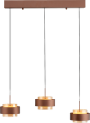 Dreifache LED-Hängeleuchte in Braun mit zylindrischen Lampenschirmen, von vorne betrachtet.