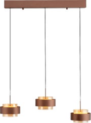Drievoudige LED-hanglamp in bruin met cilindervormige lampenkappen, gezien vanaf de voorkant.