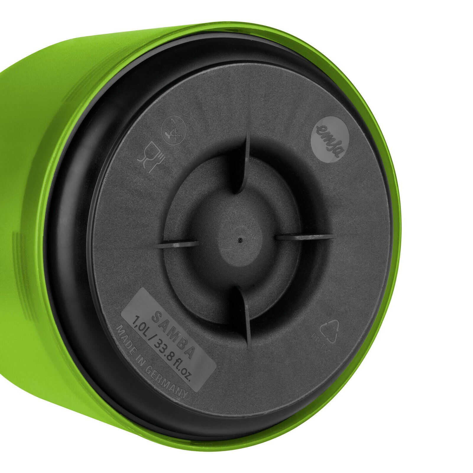 Bodenansicht einer hellgrünen Isolierkanne SAMBA mit schwarzem Deckel, 1 Liter Fassungsvermögen, hergestellt in Deutschland.