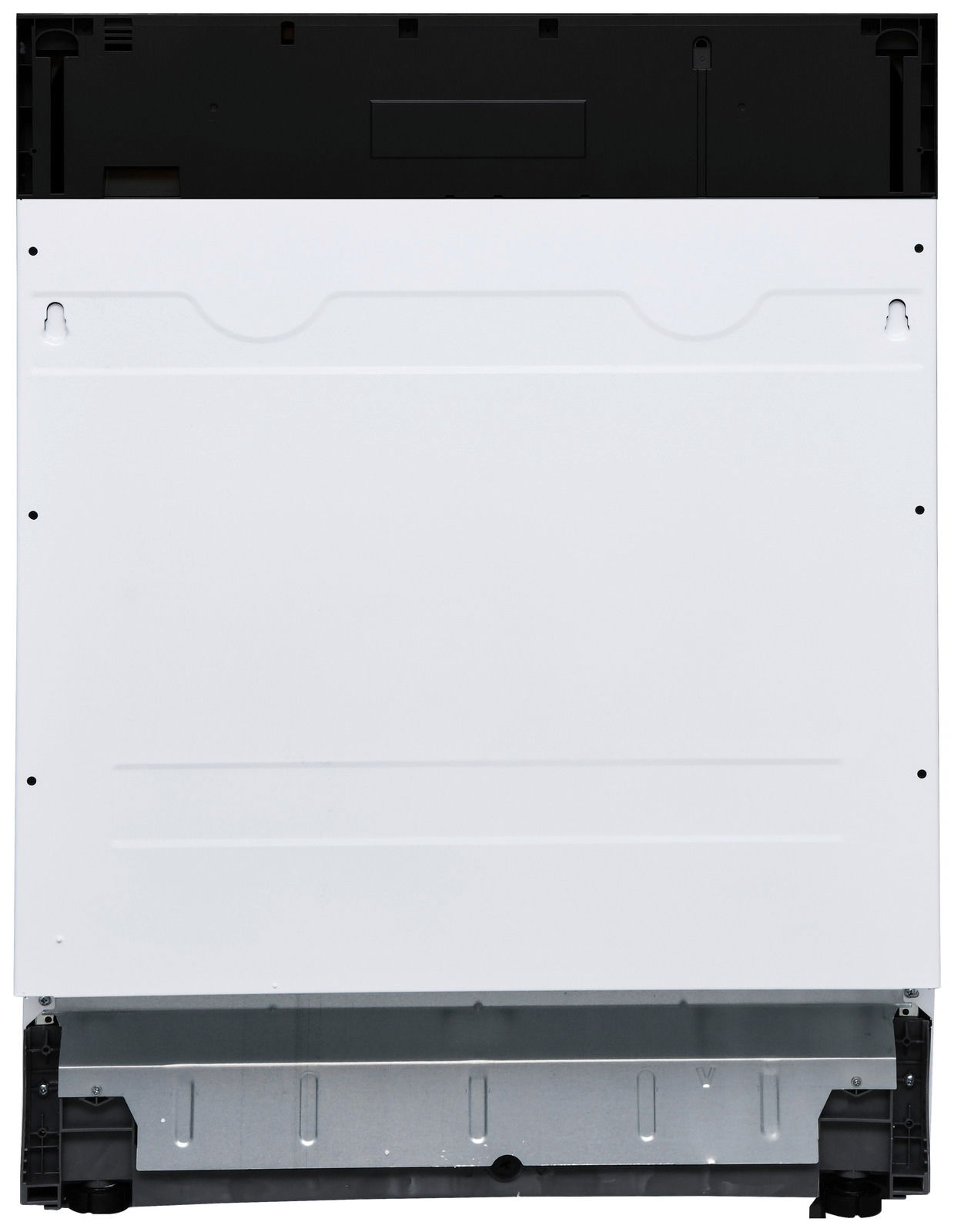 Vorderansicht eines Einbaugeschirrspülers mit weißer Frontplatte und schwarzem oberen Bereich.
