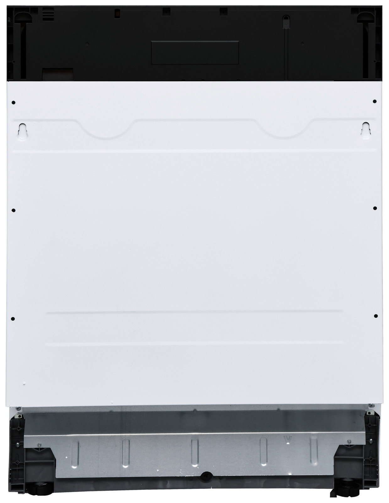 Vorderansicht eines Einbaugeschirrspülers mit weißer Frontplatte und schwarzem oberen Bereich.