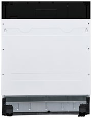 Vorderansicht eines Einbaugeschirrspülers mit weißer Frontplatte und schwarzem oberen Bereich.