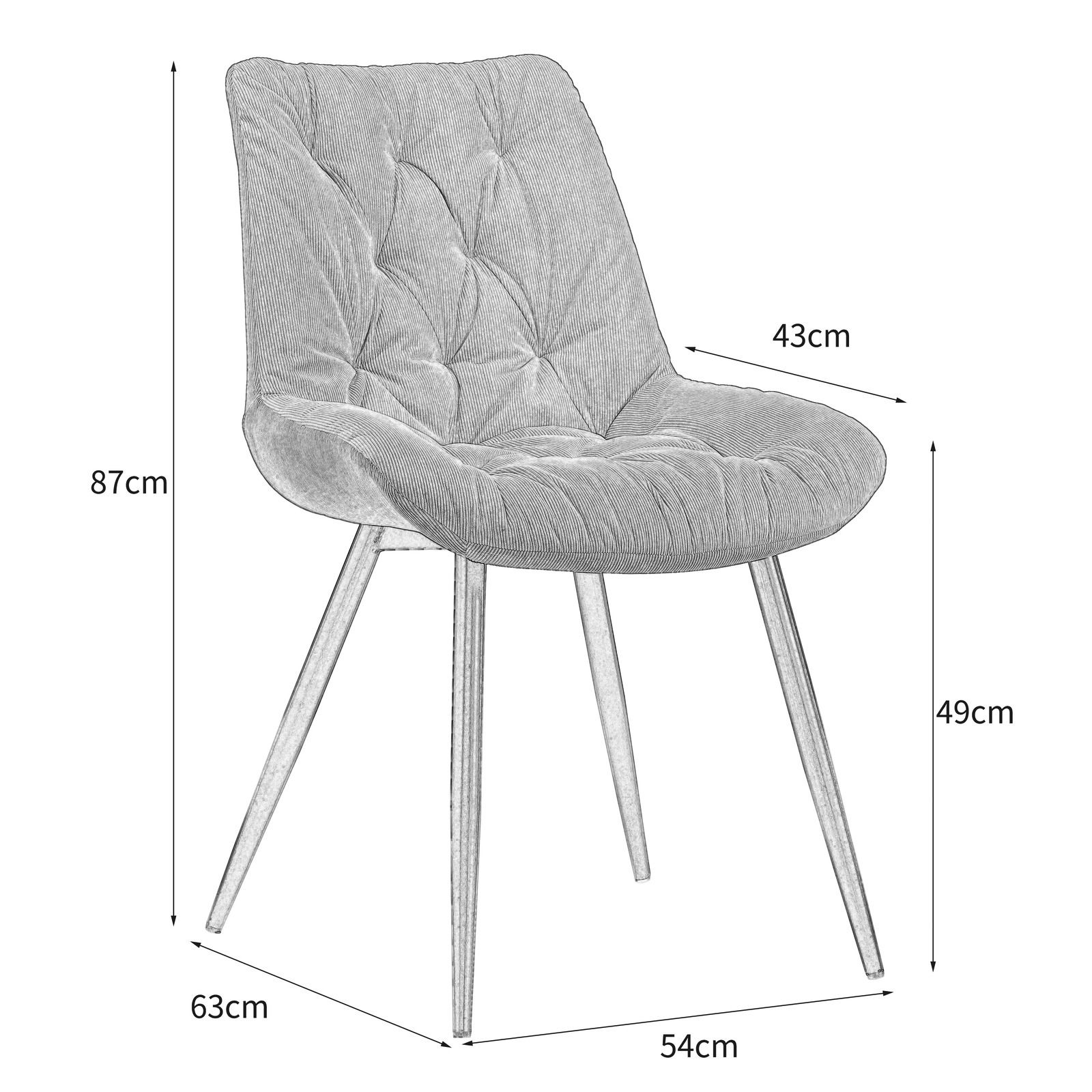 Grauer, gepolsterter Stuhl mit gestepptem Design und vier schrägen Beinen, seitliche Perspektive