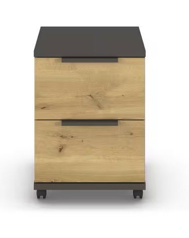 Frontansicht eines Rollcontainers mit zwei Schubladen, Holzoptik und schwarzen Griffen auf Rollen.