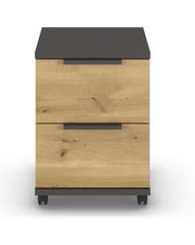 Frontansicht eines Rollcontainers mit zwei Schubladen, Holzoptik und schwarzen Griffen auf Rollen.