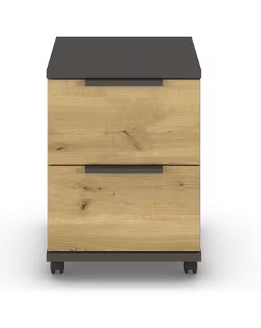 Frontansicht eines Rollcontainers mit zwei Schubladen, Holzoptik und schwarzen Griffen auf Rollen.