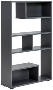 Moderner grauer Raumteiler mit mehreren offenen Fächern, seitliche Perspektive.