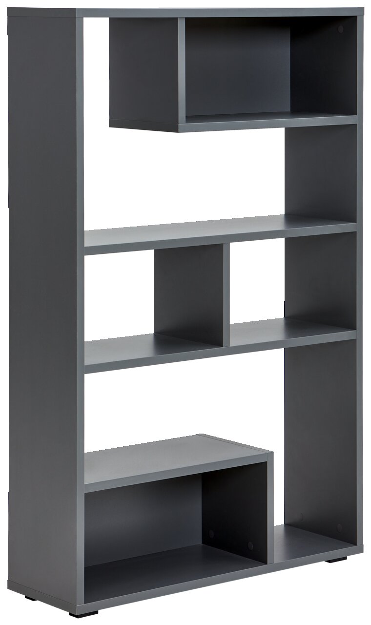 Moderner grauer Raumteiler mit mehreren offenen Fächern, seitliche Perspektive.