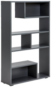 Moderner grauer Raumteiler mit mehreren offenen Fächern, seitliche Perspektive.