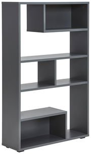 Moderner grauer Raumteiler mit mehreren offenen Fächern, seitliche Perspektive.