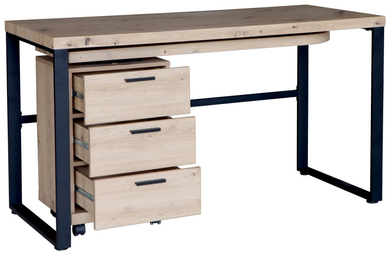 Moderner Funktionsschreibtisch aus Holz mit drei Schubladen und schwarzem Metallgestell, seitliche Perspektive