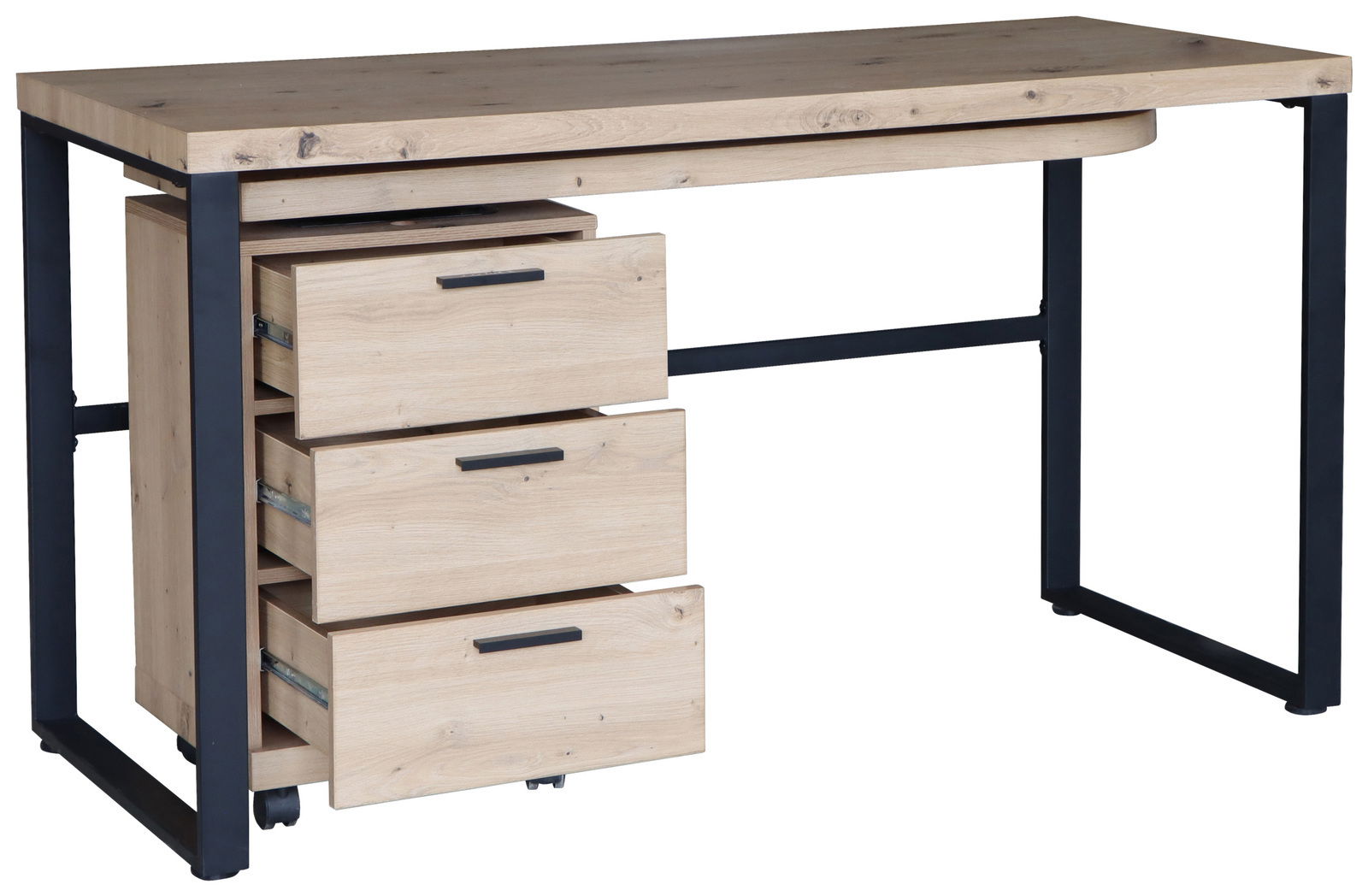 Moderner Funktionsschreibtisch aus Holz mit drei Schubladen und schwarzem Metallgestell, seitliche Perspektive
