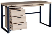 Moderner Funktionsschreibtisch aus Holz mit drei Schubladen und schwarzem Metallgestell, seitliche Perspektive