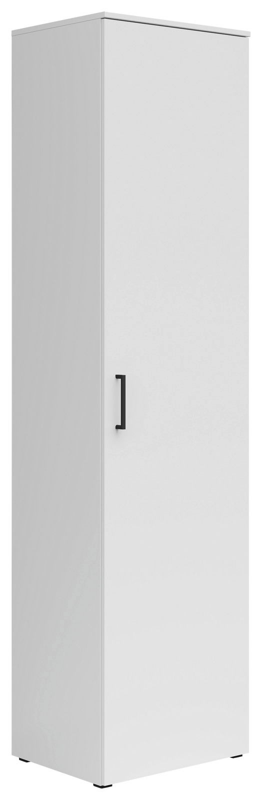 Weißer Mehrzweckschrank mit schwarzem Griff, Frontalansicht leicht von der Seite