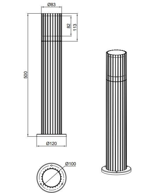 Technische Zeichnung einer Aussen-Sockelleuchte mit zylindrischem Design, seitliche und obere Perspektive, Höhe 500 mm, Durchmesser 120 mm.