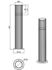 Technische Zeichnung einer Aussen-Sockelleuchte mit zylindrischem Design, seitliche und obere Perspektive, Höhe 500 mm, Durchmesser 120 mm.